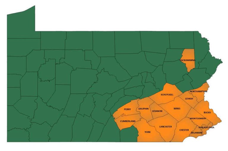 Map of Pennsylvania highlighting the counties FHRC serves