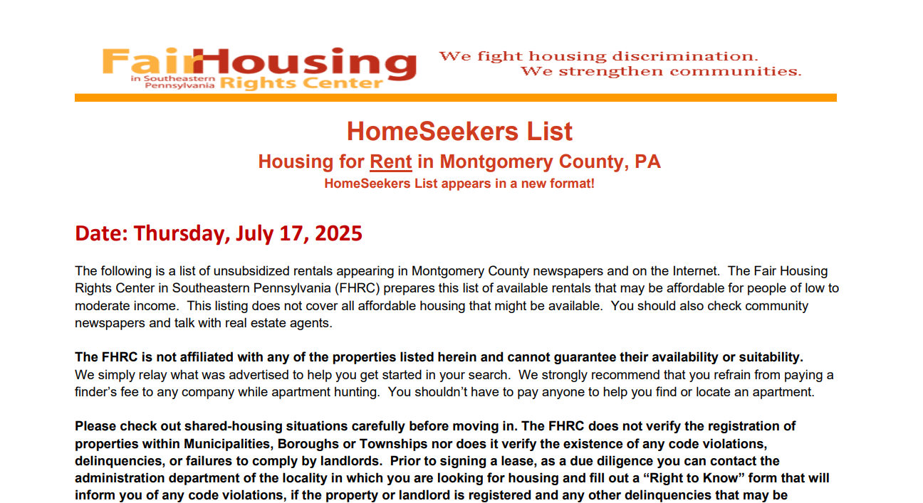HomeSeekers List. Housing for Rent in Montgomery County, PA. Date: Thursday, July 17, 2025